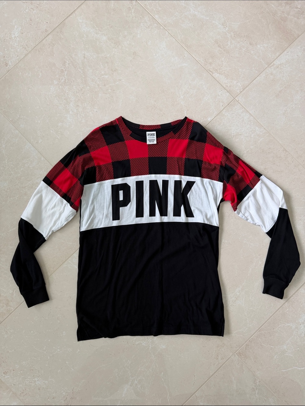 PINK Victoria's Secret Red Black White Buffalo Plaid Long Sleeve Tee